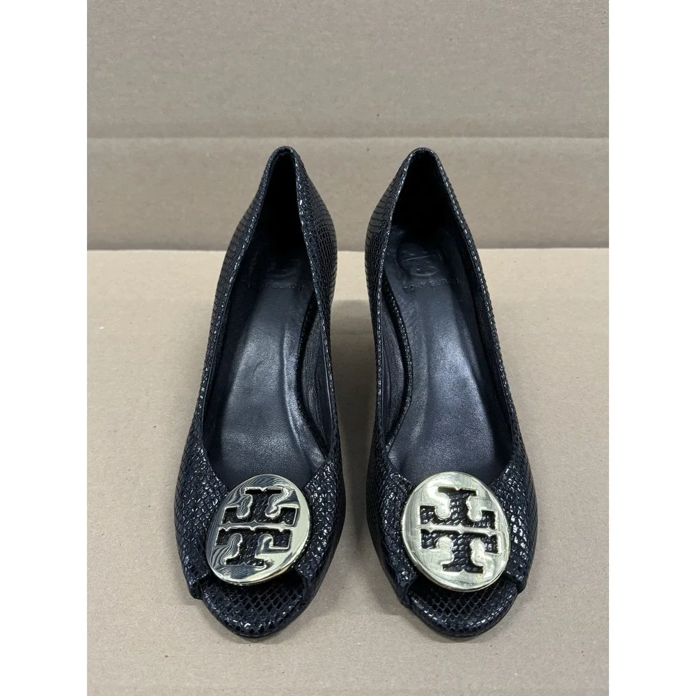 Tory Burch‎ Size 6M Black Textured Snake Leather Wedge Shoes Pumps